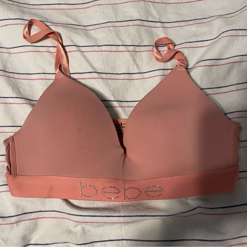 5/$25 SALE Bebe Size 34B Slight Push-up Wire free Coral Bra with Rhinestone Logo